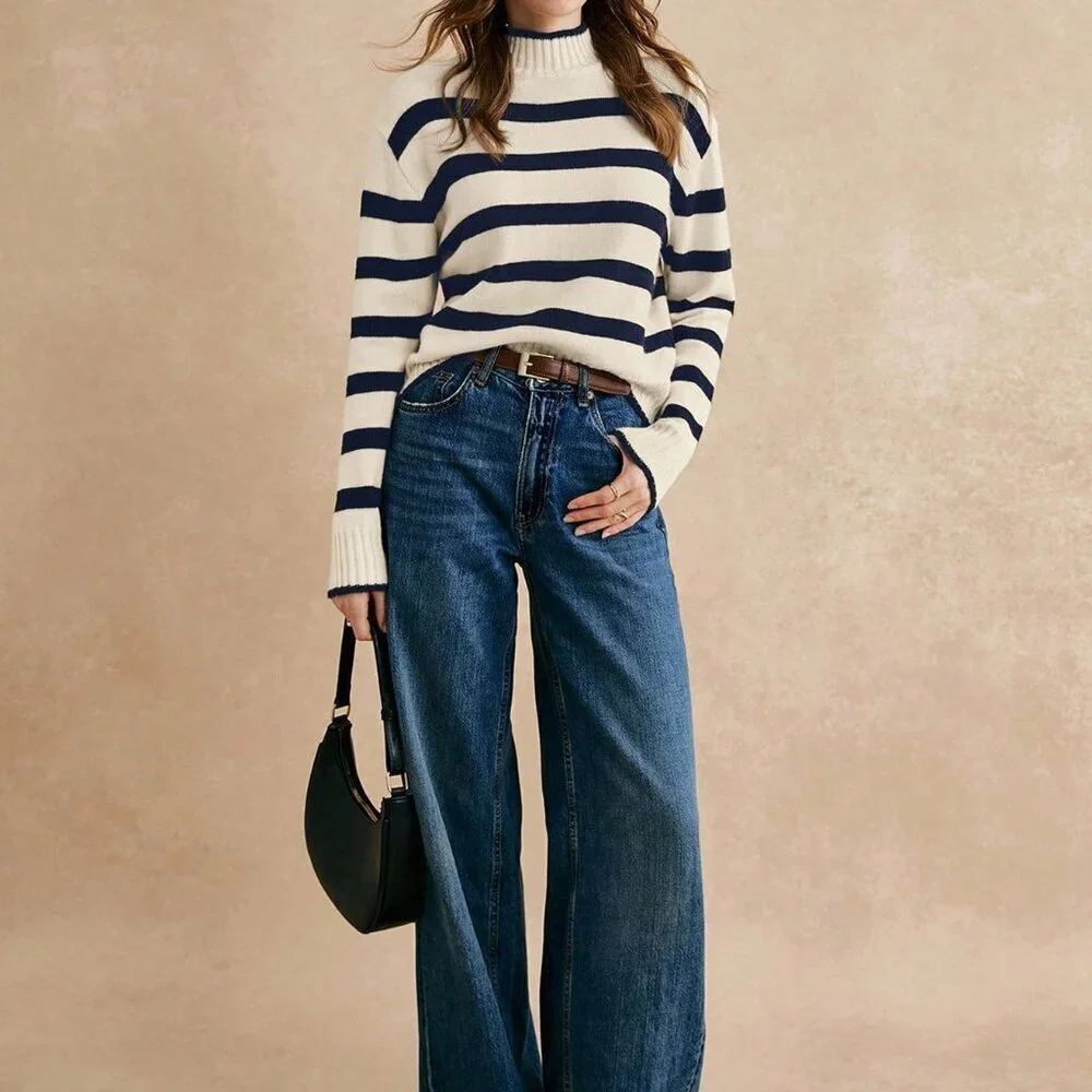 Navy Blue Casual Women's Striped Stand Collar Drop Shoulder Long Sleeve Sweater